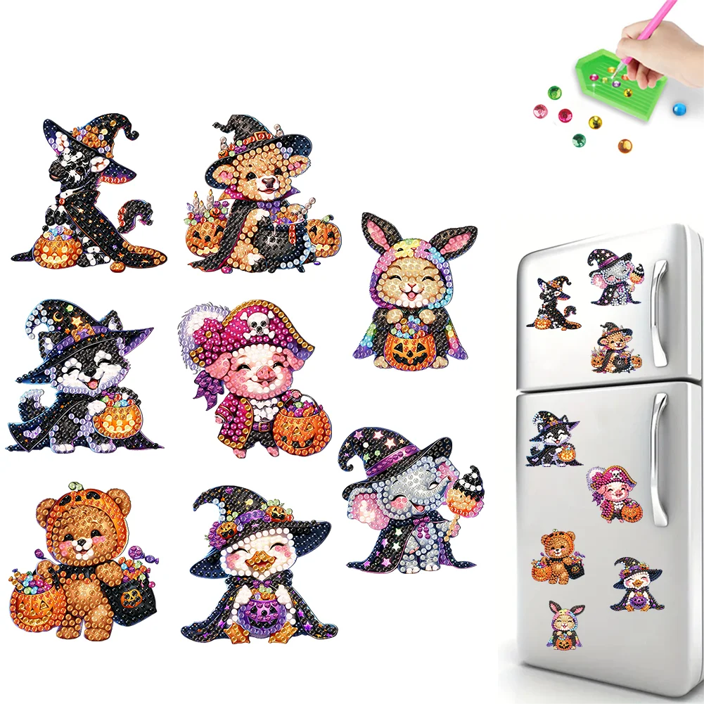 8Pcs Halloween Animals Acrylic Diamond Art Magnets Decals for Fridge Whiteboards