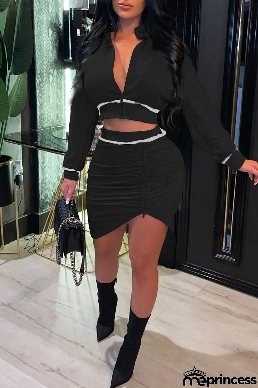 Black Casual Solid Split Joint Flounce Asymmetrical Zipper Zipper Collar Long Sleeve Two Pieces