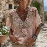 Women's Pink Roses Embroidered Art V-neck Short Sleeve Linen Blend T-shirt - Image 2
