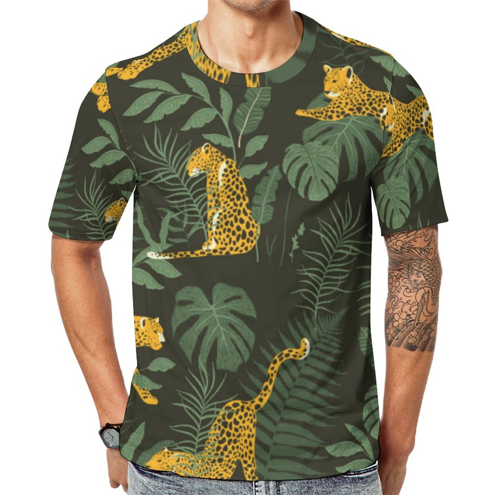 Exotic Tropical Green Leave Jaguar Short Sleeve Print Unisex Tshirt Summer Casual Tees for Men and Women Coolcoshirts