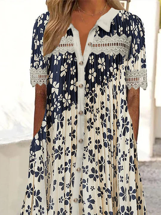 Women's Short Sleeve V-neck Stitching Lace Graphic Hollow Midi Dress