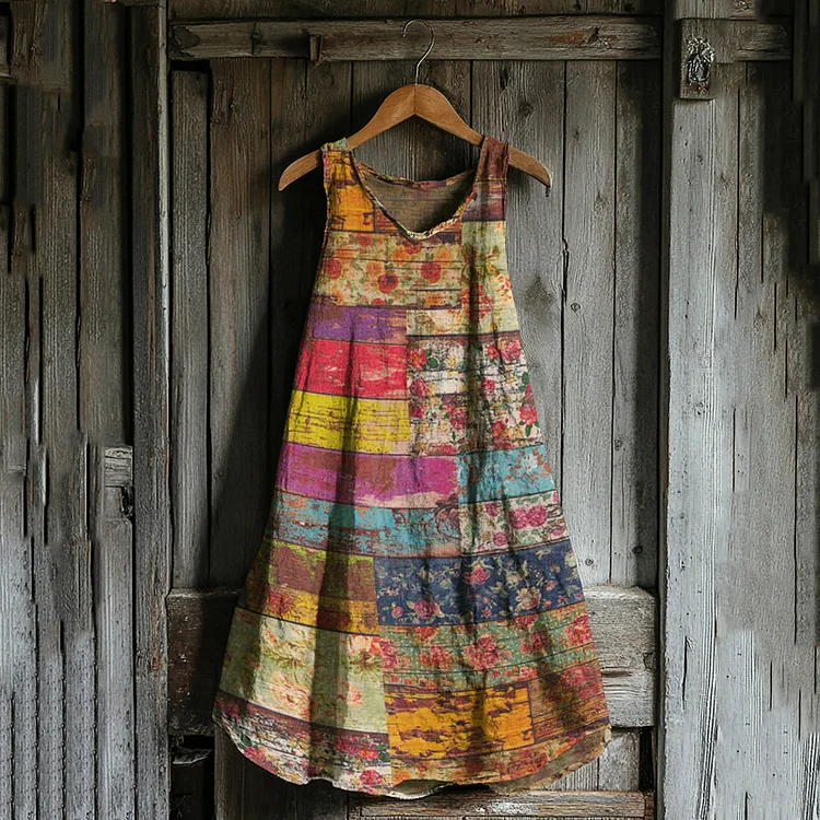 Vintage Floral Patchwork Art Linen Blend Tank Midi Dress