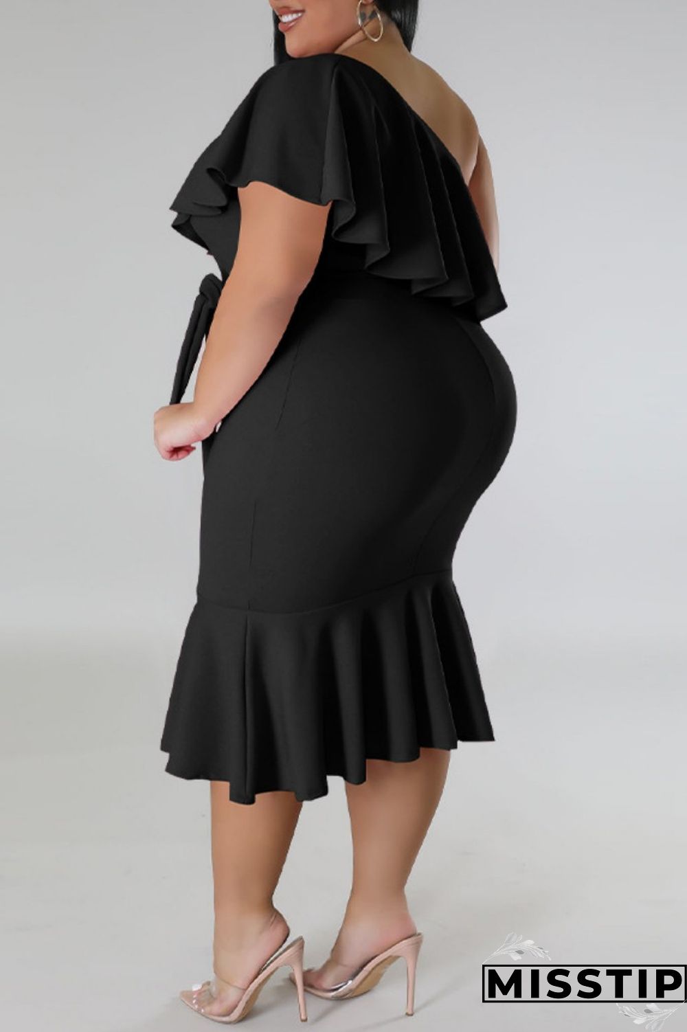 Green Casual Solid Patchwork Backless Oblique Collar Plus Size Dresses