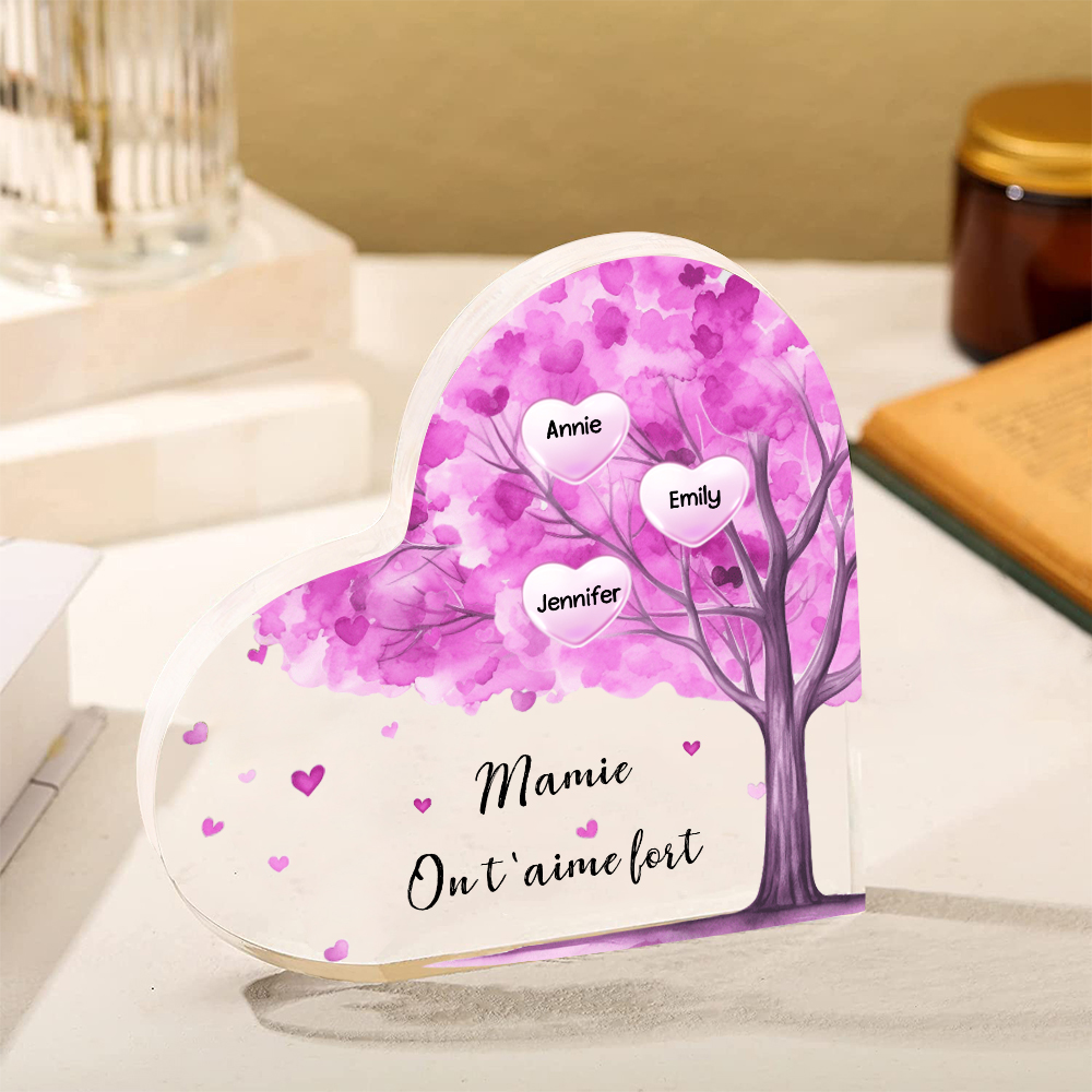 À ma Maman/Mamie - Plaque Acrylique Arbre en Forme de Cœur 3 Prénoms Personnalisés avec 1 Texte
