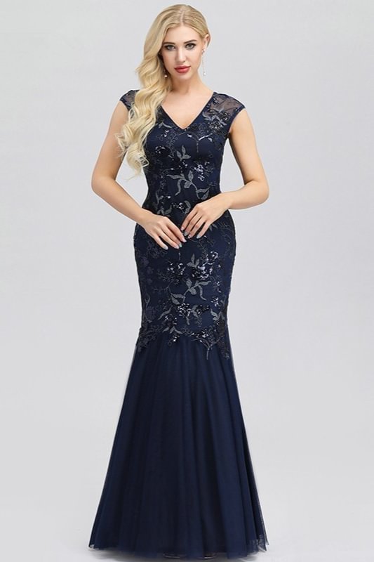 Charming Navy Blue Evening Dress Appliques V-Neck Mermaid Prom Gowns Online - lulusllly