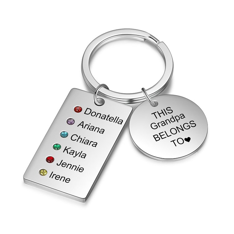 Personalized Keychain with Engraved 6 Names and 6 Birthstones