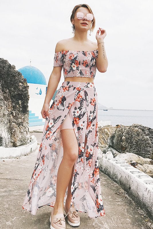 Off-the-shoulder Floral Slit Two Piece Sets - Life is Beautiful for You - SheChoic