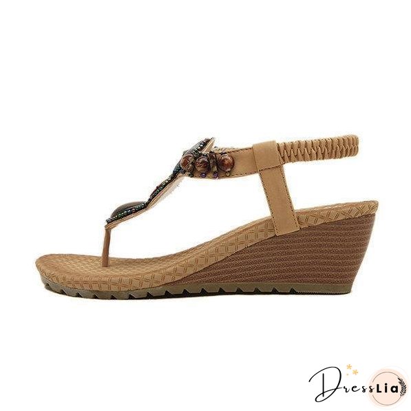 Bohemian Bead Clip Toe Elastic Wedge Heel Beach Flip Flops Sandals