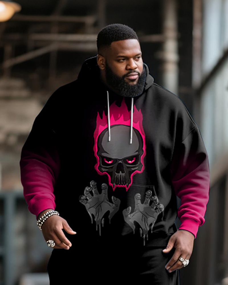 Big & Tall Men's Street Fashion Gradient Rose Skull Print Hoodie Suit