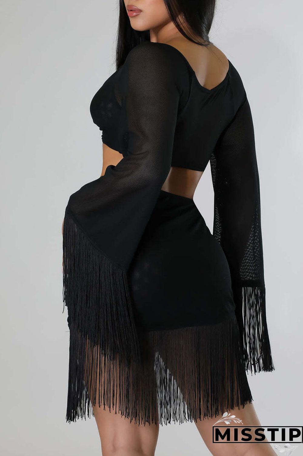 Black Sexy Solid Tassel Patchwork V Neck Long Sleeve Two Pieces