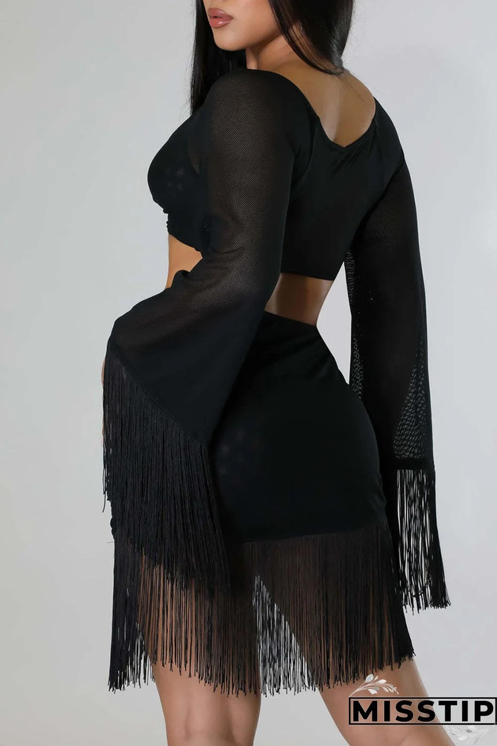 Black Sexy Solid Tassel Patchwork V Neck Long Sleeve Two Pieces