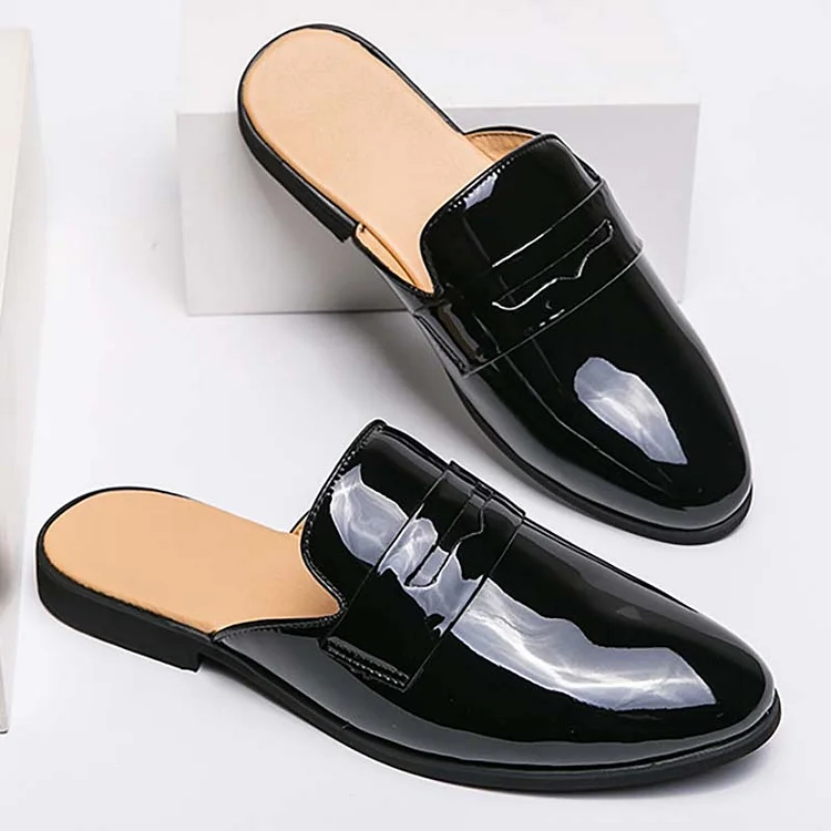 Glossy PU Leather Closed Pointy Toe Trendy Casual Slippers