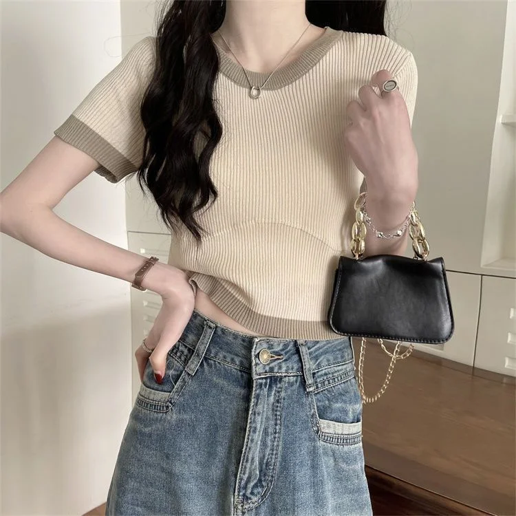 Uveng Uveng Clamming Color Splicing T-Shirts For Women's New Summer Fashion Slimming Thin-Sleeved Ice Silk Short-Sleeved Top Tide