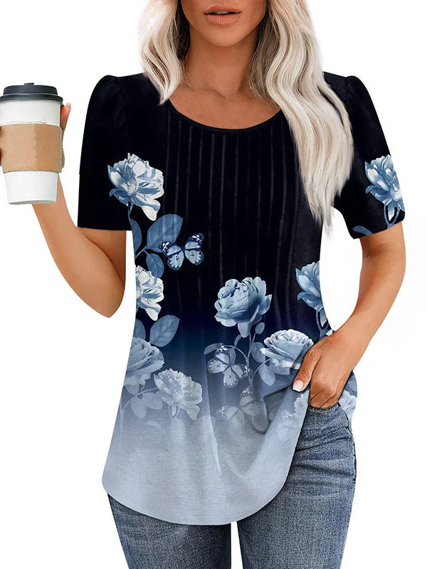 Women's Short Sleeve Scoop Neck Floral Printed Graphic Tops