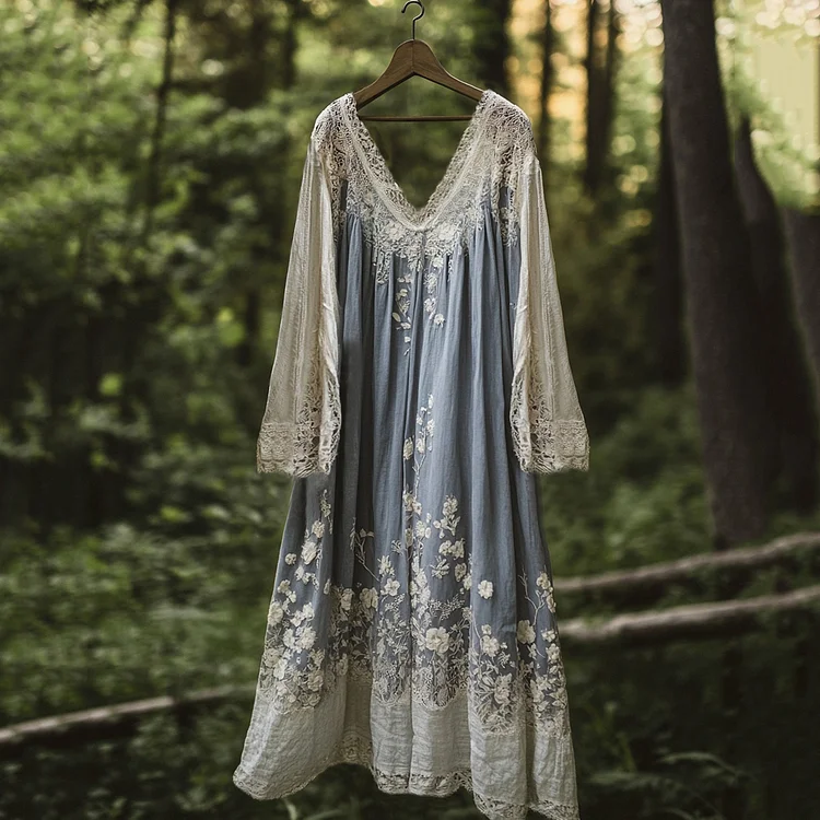 Utbros Vintage Floral Embroidered Pattern Linen Contrast Color Maxi Dress