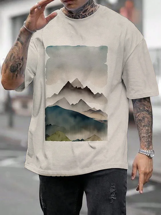 Men's Ink Watercolor Painting Mountain Forest Print T-Shirt