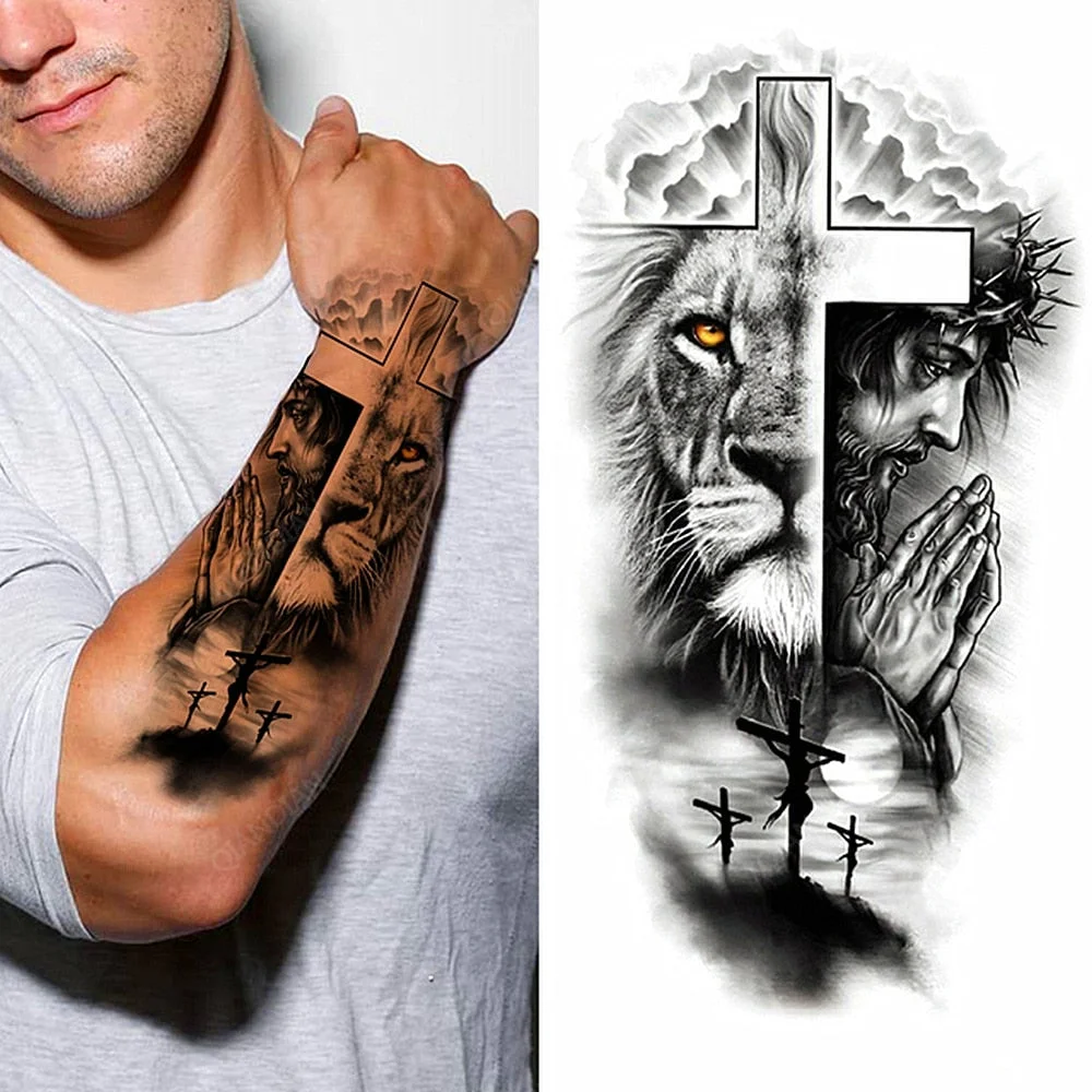 1pc Lion Men Waterproof Temporary Tattoos Fake Stickers Arm Hand Cool Art Black Transfer Clock