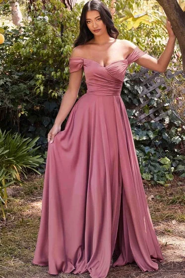 Oknass Off the Shoulder Sleeveless Long Prom Dress With Split Pleated