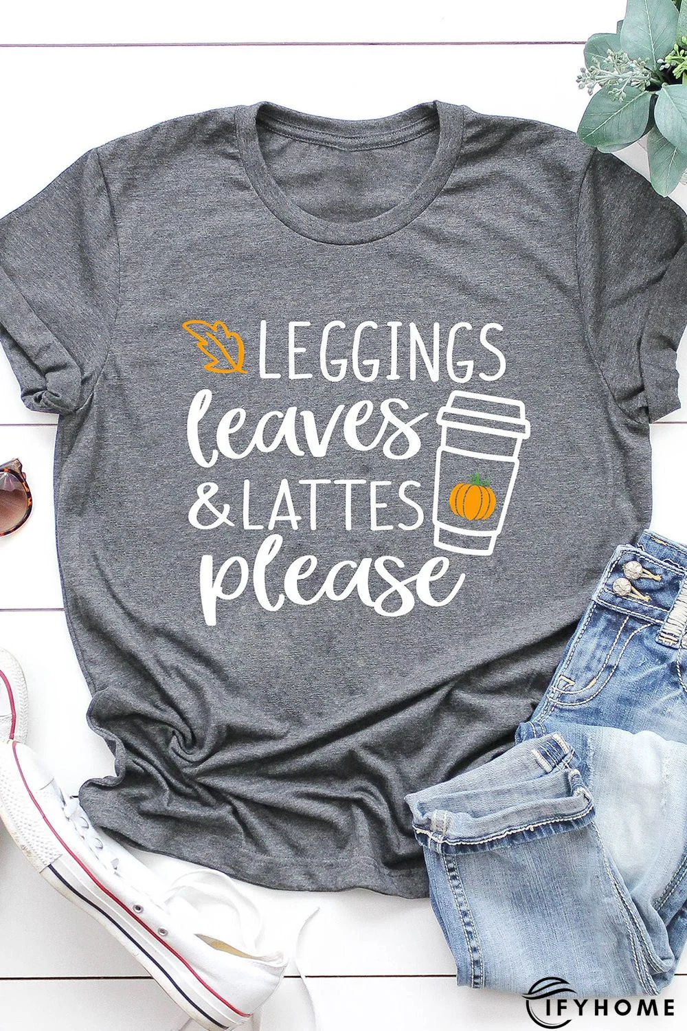 Gray Leggings Leaves and Lattes Please Graphic Tee | IFYHOME