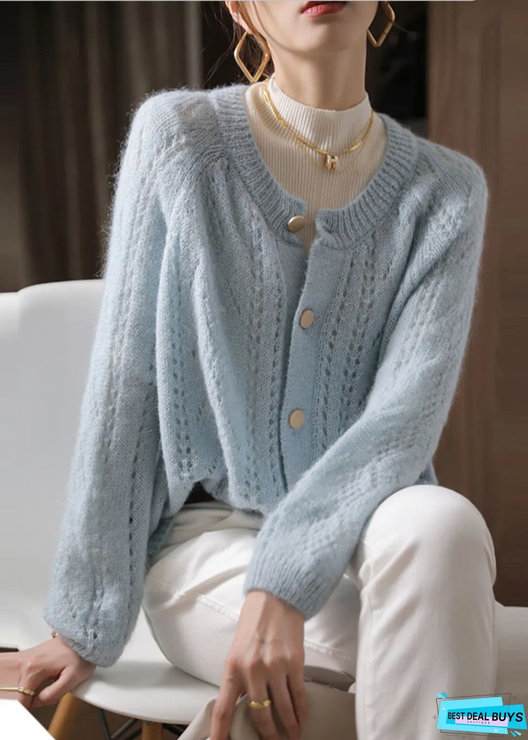 Vintage Sky Blue Oversized Chunky Knit Cardigan Spring