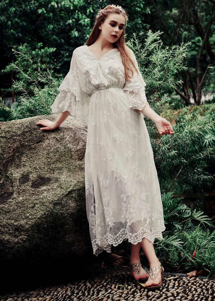 Boutique White V Neck Embroideried Ruffles Lace Maxi Dress Flare Sleeve