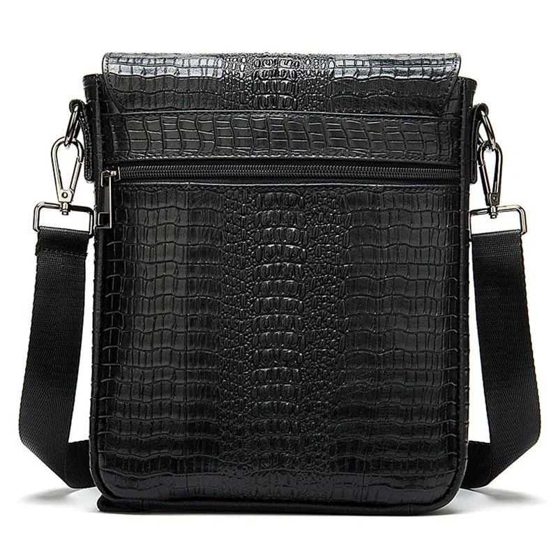 Foldover Top Detachable Sling Strap Crocodile Textured Genuine Leather Messenger Bag
