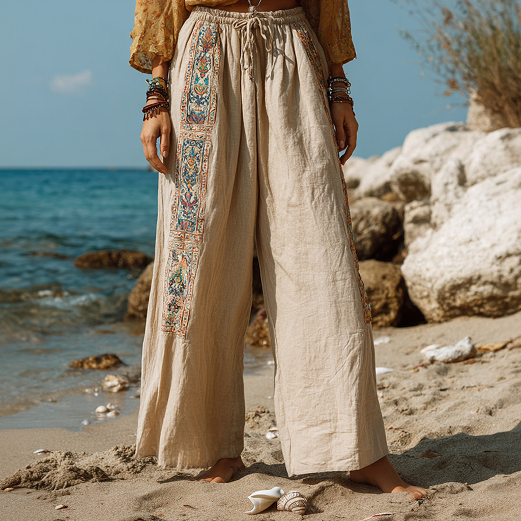 Bohemian Holiday Style Loose Casual Exquisite Embroidered Beach Pants Wide-leg Pants