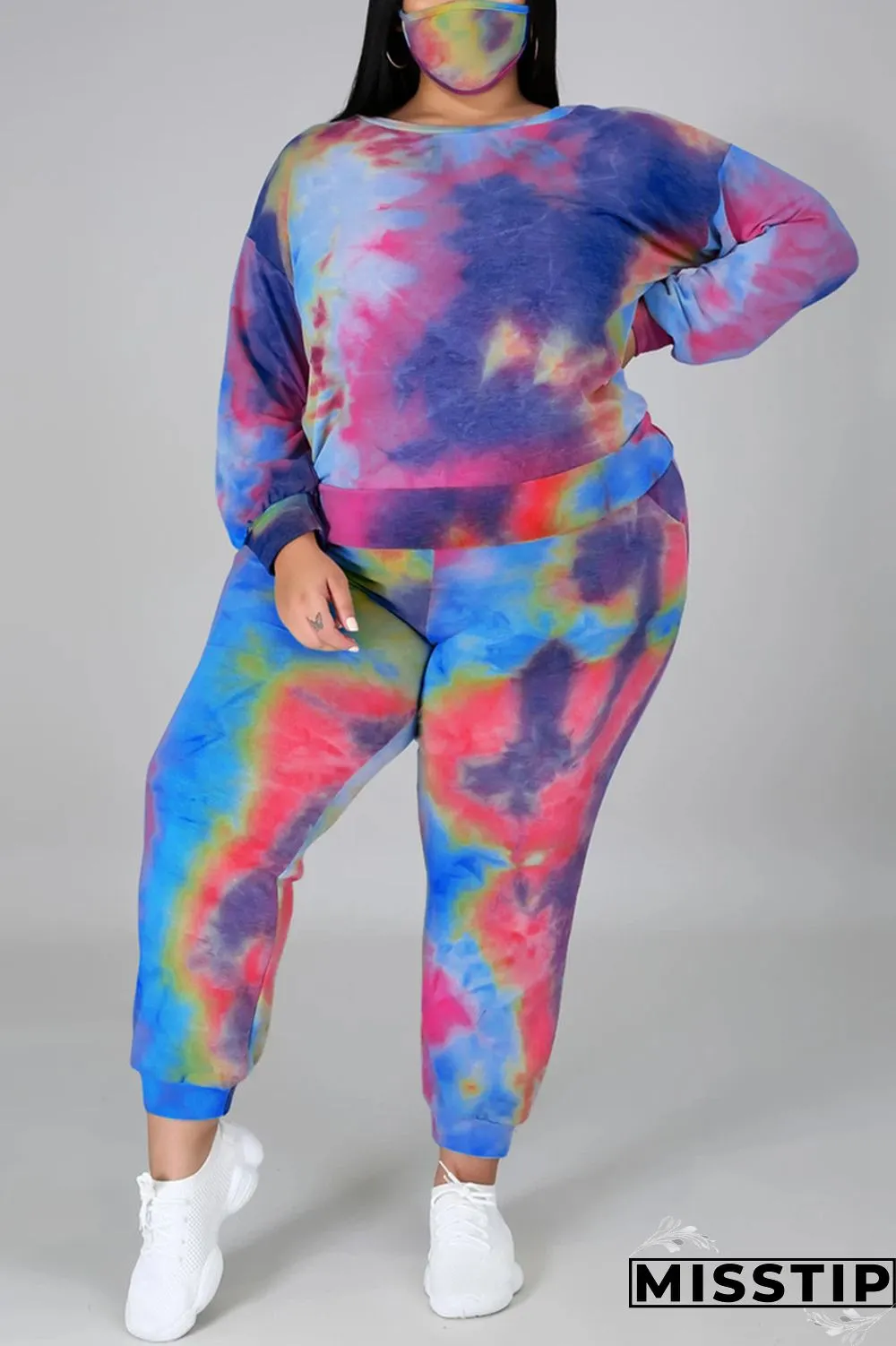 multicolor Fashion Casual Print Tie Dye Tie-dye Backless O Neck Plus Size Set