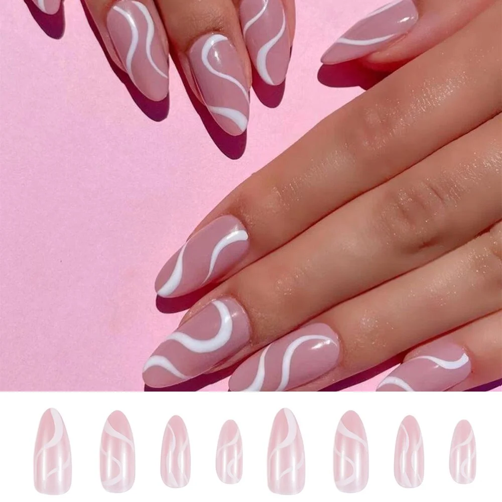 24Pcs Long Coffin False Nails with Colorful Wave Designs Wearable Fake Nail Full Cover Nail Art Tips Press on Nail Manicure Tool 928-3-Nail Inspo