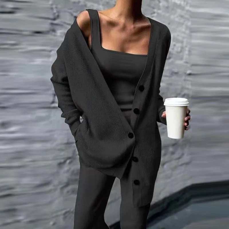 UForever21 Plus Size 4XL Women Three Piece Set Autumn Winter Solid Cardigan Top Tank Top Long Pants Suit Casual Loose Female Suit Tracksuit
