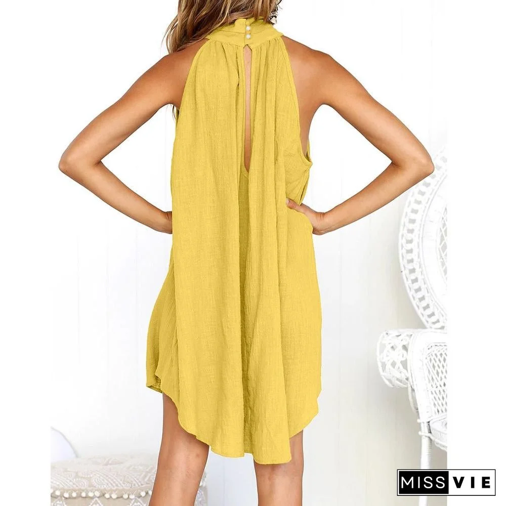 Summer Women Halter Sleeveless Sexy Fashion Dress Holiday Ladies Irregular Party Mini Dress