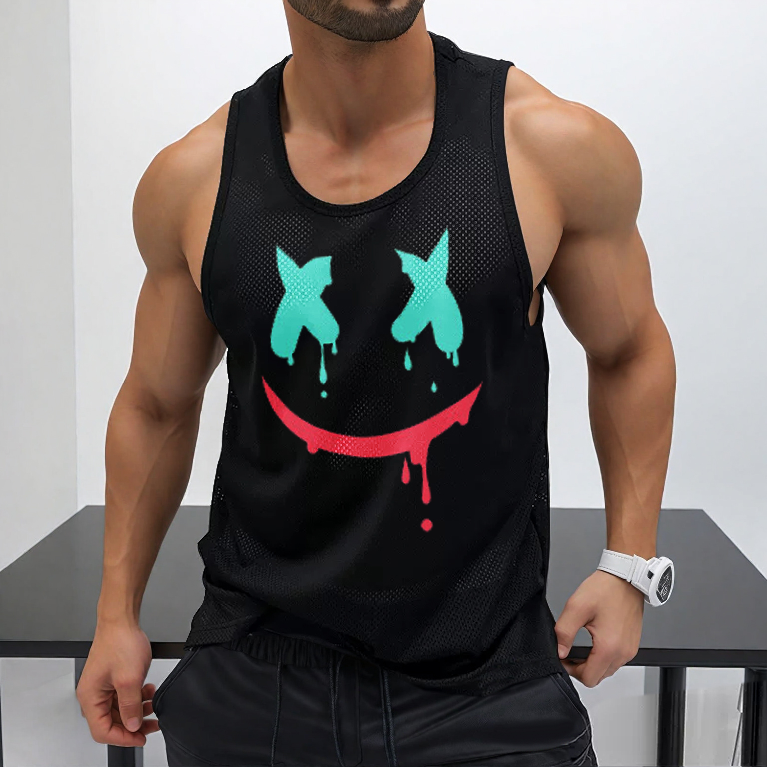 Street Casual Men's Smiley Face Printed Mesh Vest Fitness Quick Dry Vest Home Comfort Vest / TECHWEAR CLUB / Techwear