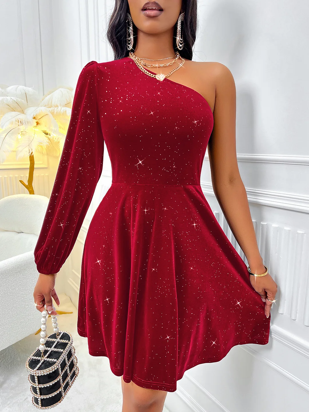 Woherb Woherb Winter New Fashion Women's Hot Diagonal Shoulder Long Sleeve Solid Color Waist Sexy Wind Dress-Outfit Ideas