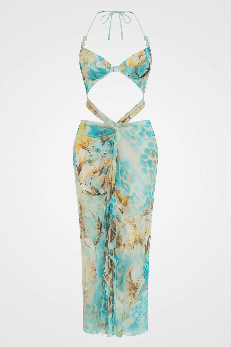 Leopard Floral Print Cutout Ruffled Halter Maxi Dresses-Green