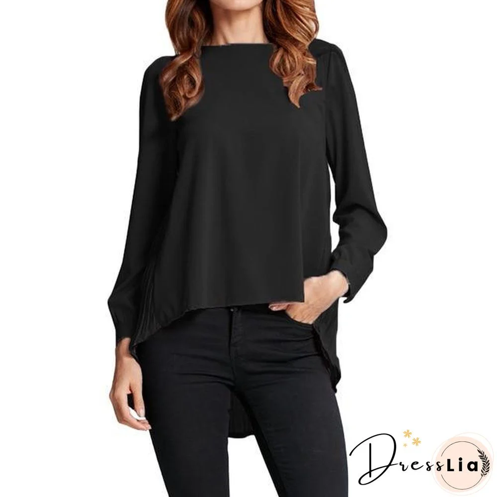 Chiffon Blouse Pleated Back Long Sleeve Asymmetric Shirt Loose Casual Plus Size Tops