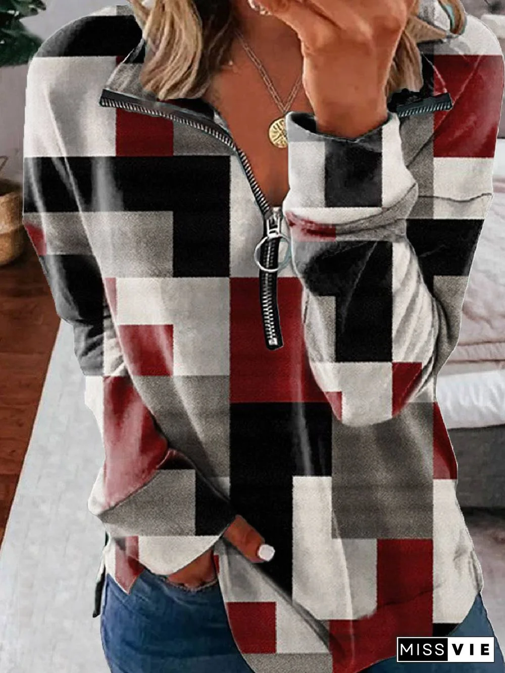 Casual Lapel Geometric Sweatshirts