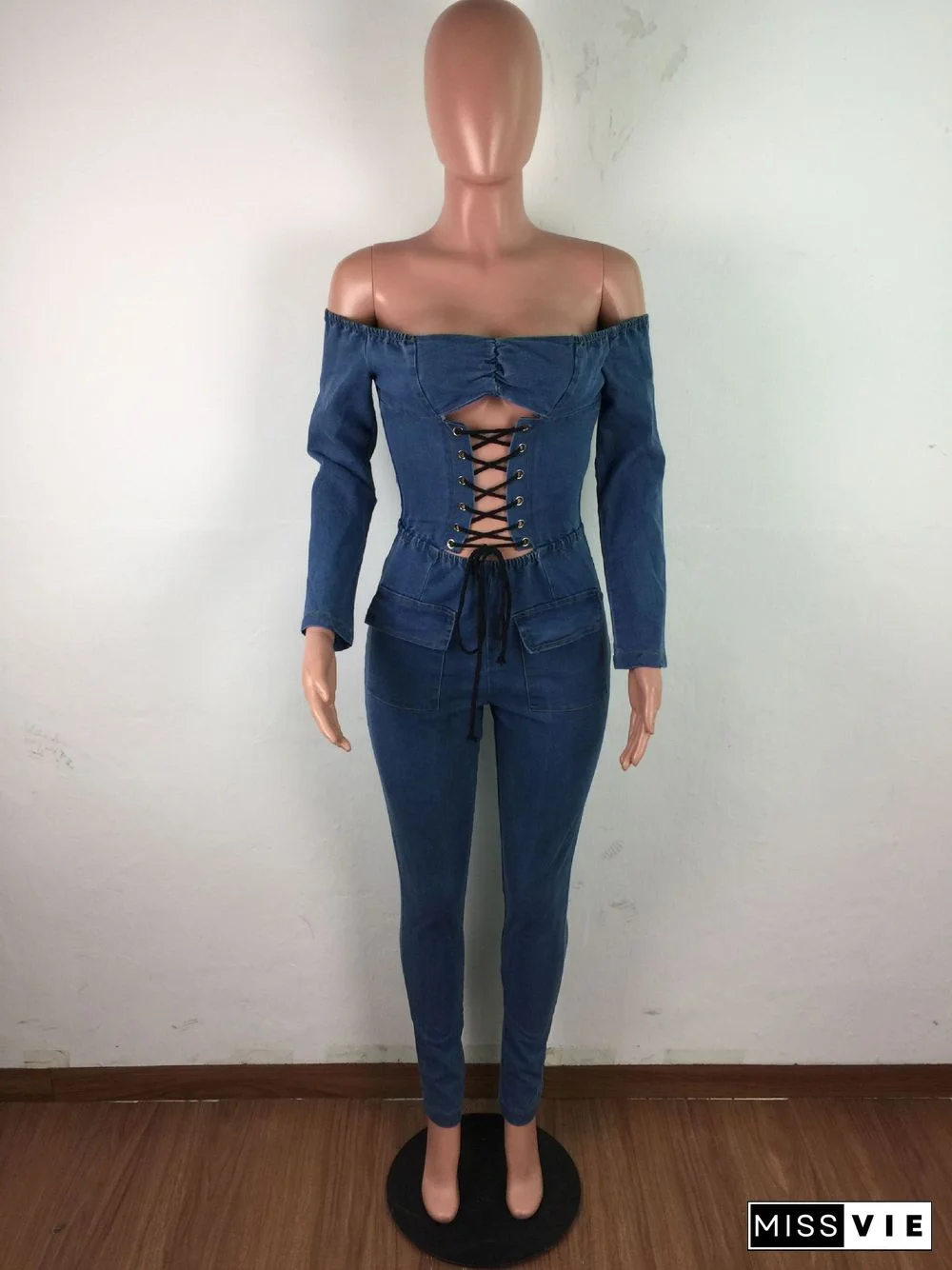 Women Off Shoulder Long Sleeve Hollow Out Lace Up Jumpsuit