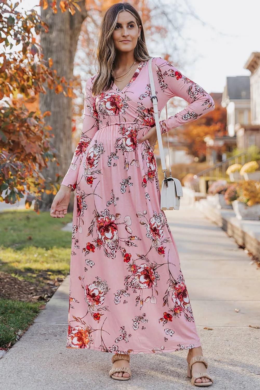 Pink  Wrapped V Neck Floral Long Sleeve Empire Maxi Dress | IFYHOME