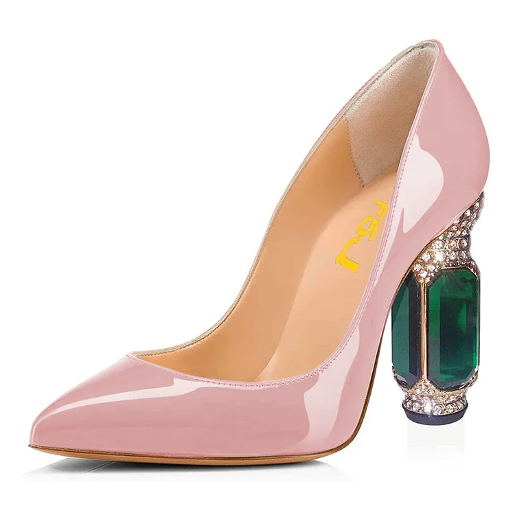 Pink Patent Leather Office Heels Rhinestone Chunky Heel Pumps |FSJ Shoes