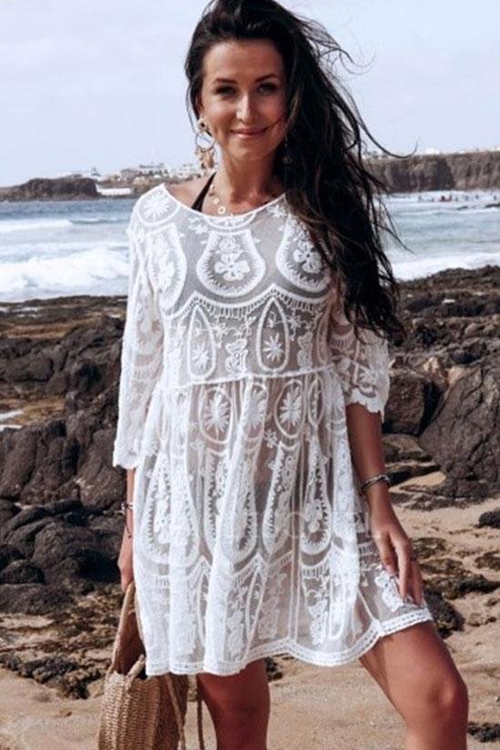 Paisley Lace Crochet Sleeved Sheer Tunic Cover Up-elleschic