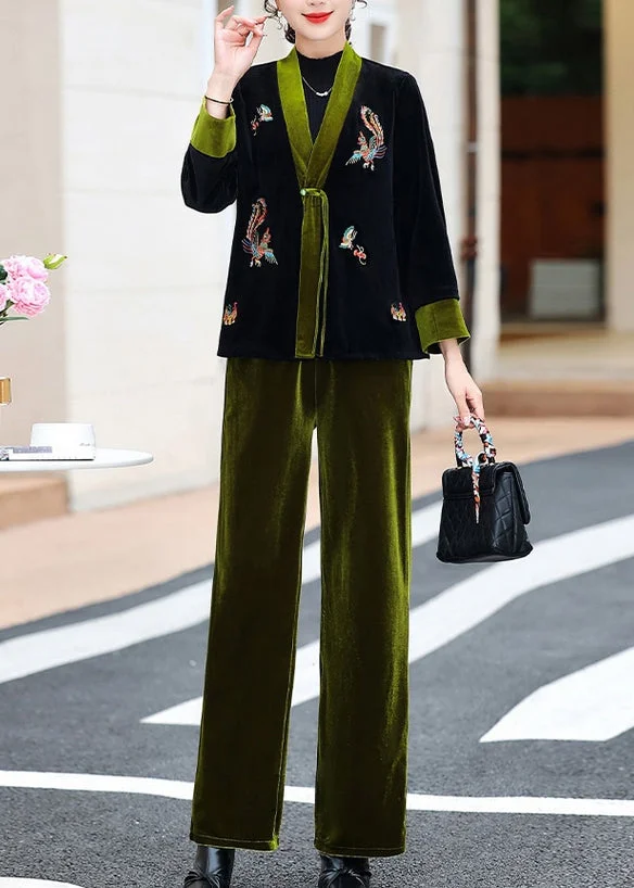 Elegant Green V Neck Embroideried Silk Velour Coats And Pants Two Piece Set Fall