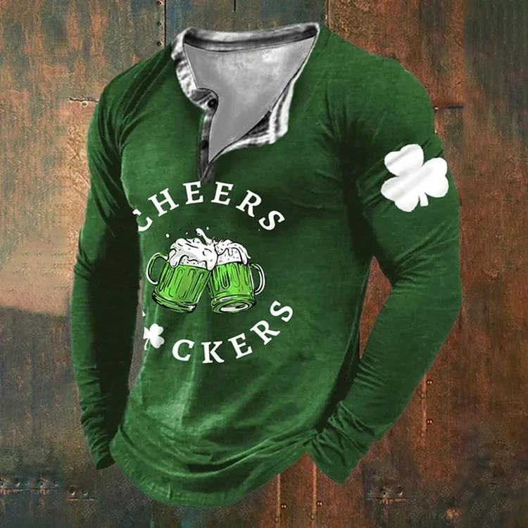 VChics Men'S St. Patrick'S Day Cheers Fuckers Green Beer Henley Collar Long Sleeve T-Shirt