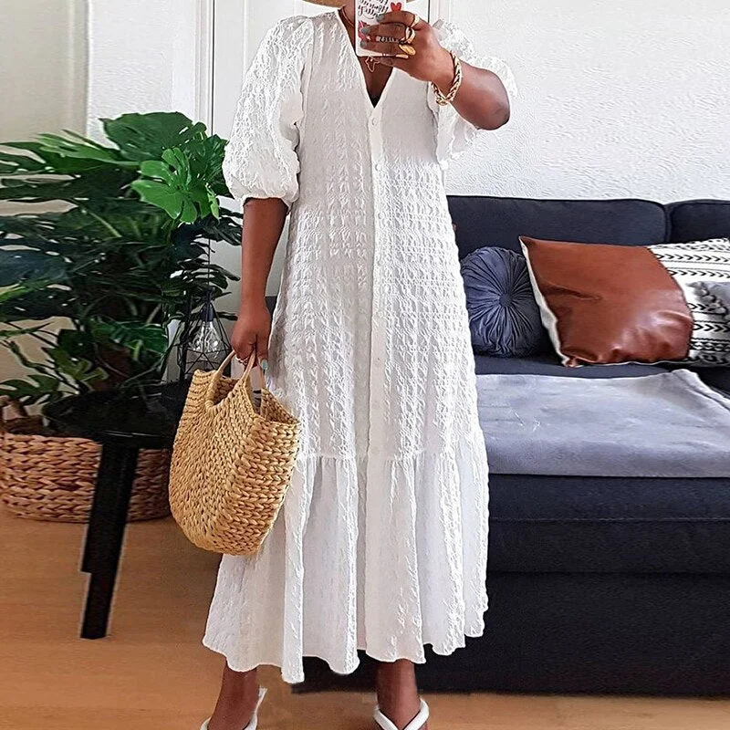 VONDA Women Summer V Neck Button Long Shirt Dress 2022 Half Sleeve Holiday Party Pleated Maxi Dresses Casual Bohemian Vestidos
