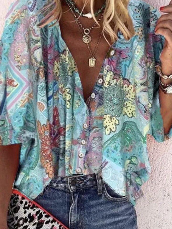 New Printed Casual Women's Shirt Short Sleeves Top