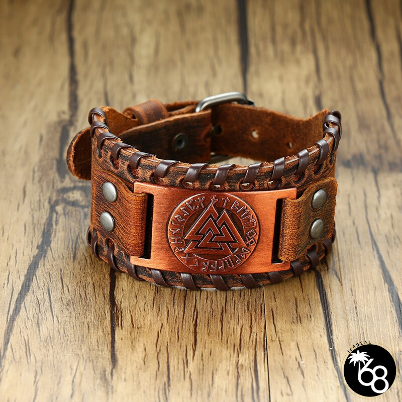 Men's Genuine Leather Round Shaped Link Chain Wrist Bracelet | 168DEAL