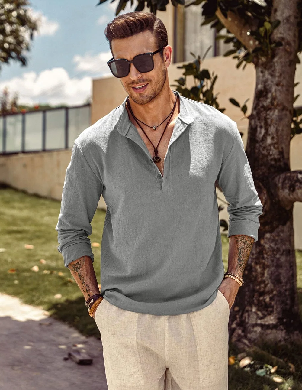 Linen Style Collar Long-sleeved Shirt