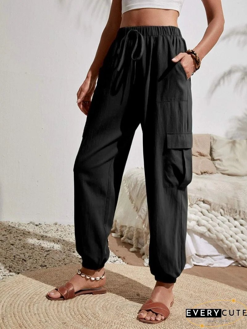 Black Driven Linen Blend Pocketed Cargo Pants