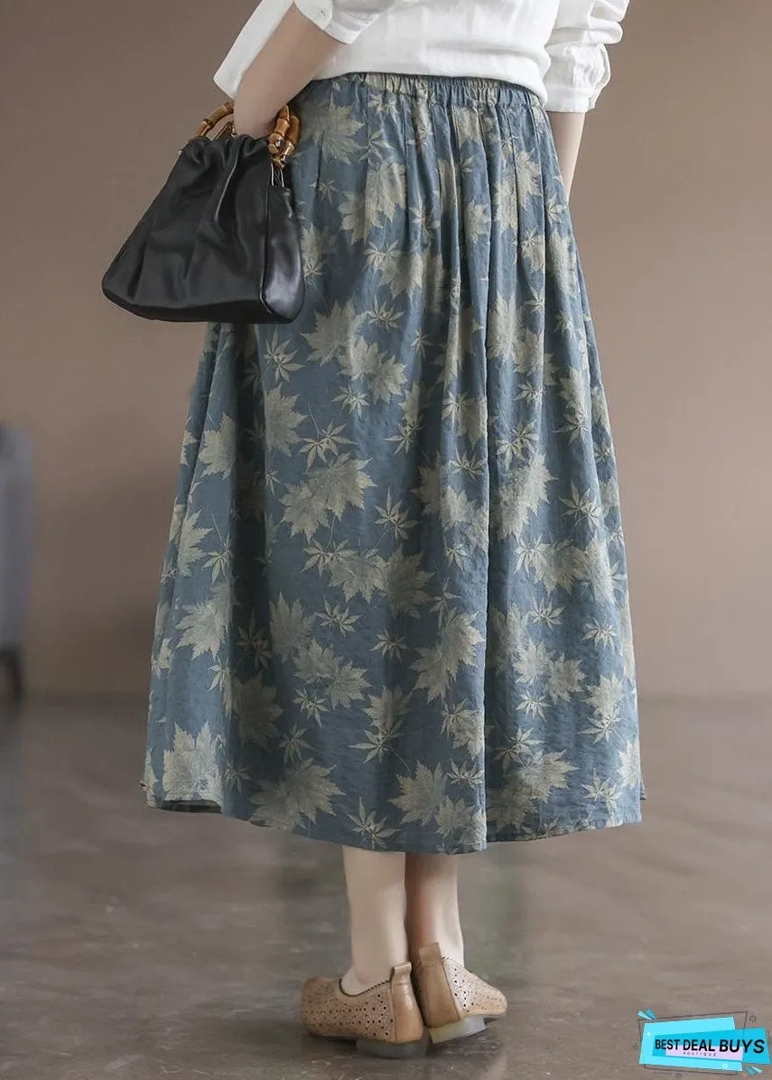 Vintage Blue Wrinkled Pockets Print Linen Skirt Spring