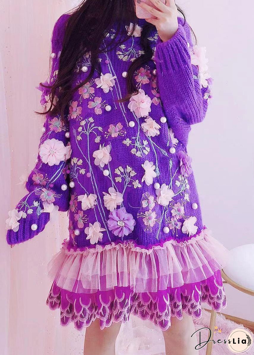Handmade Purple O-Neck Embroideried Floral Tulle Patchwork Knit Mid Dresses Fall
