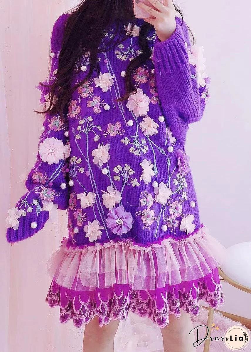 Handmade Purple O-Neck Embroideried Floral Tulle Patchwork Knit Mid Dresses Fall